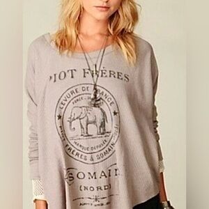 Free People Graphic Elephant Waffle Knit Long Sleeve Top Pink Peach